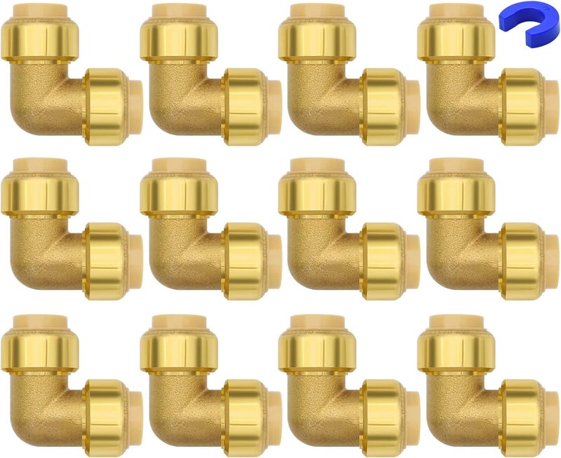 Ruby Q 12 Pack Push-to-Connect Plumbing Fittings, 1/2" Pushfit Elbow Fittings with Disconnect Clip for Copper, PEX, CPVC Pipe - Image 1